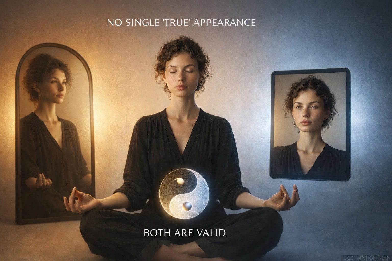 Peaceful composition showing woman viewing both mirror reflection and camera photo side by side with calm accepting expression, equal lighting on both, no preference indicators, integration symbol in center representing acceptance of both versions as valid