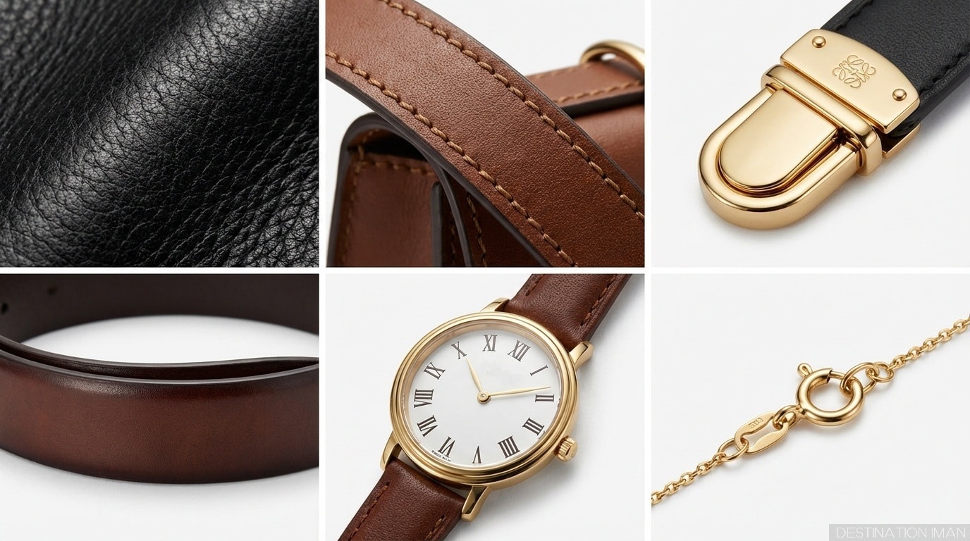 Close-up details showing quality indicators in accessories - quality leather grain, metal hardware, reinforced stitching