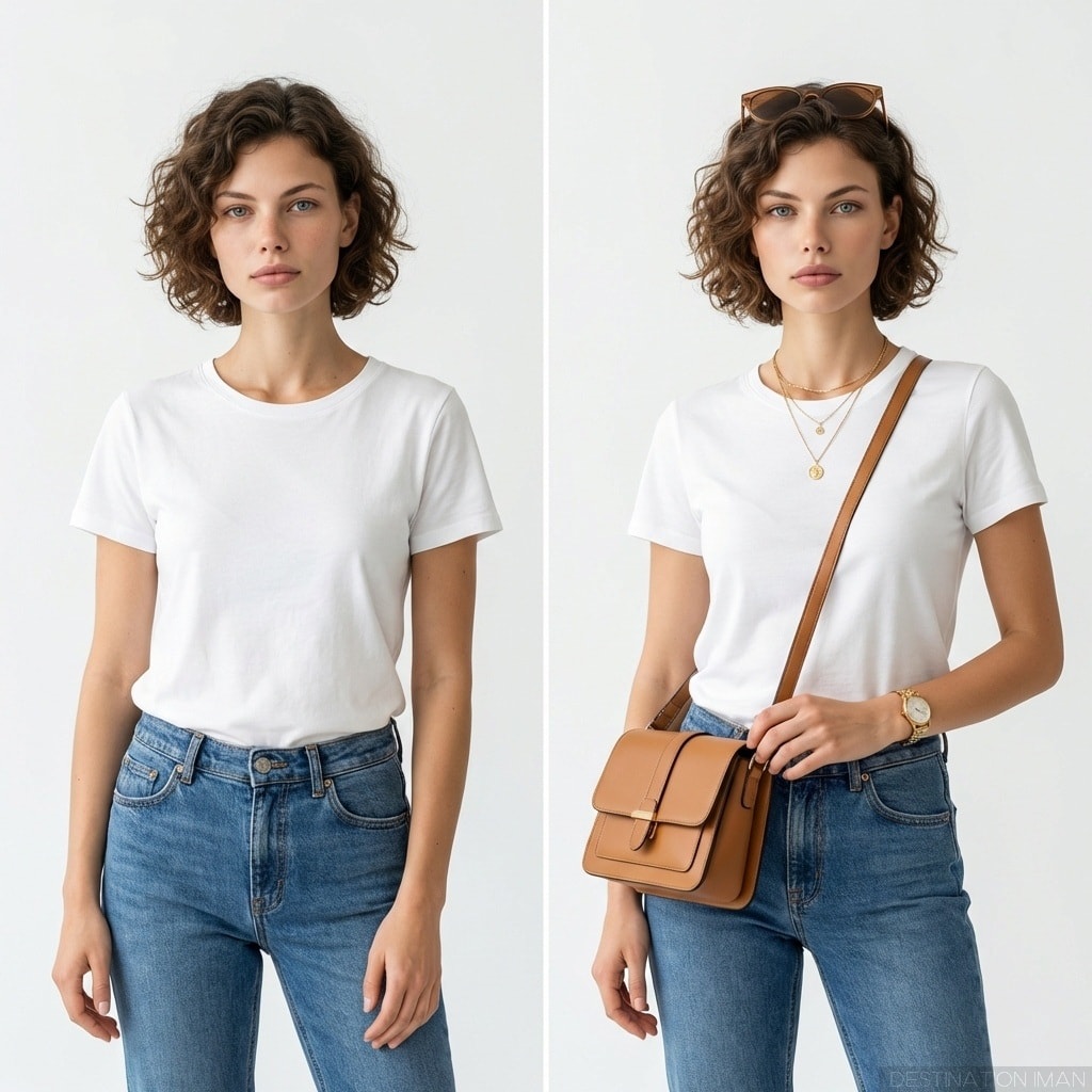 Before and after comparison showing same outfit elevated by strategic accessory choices