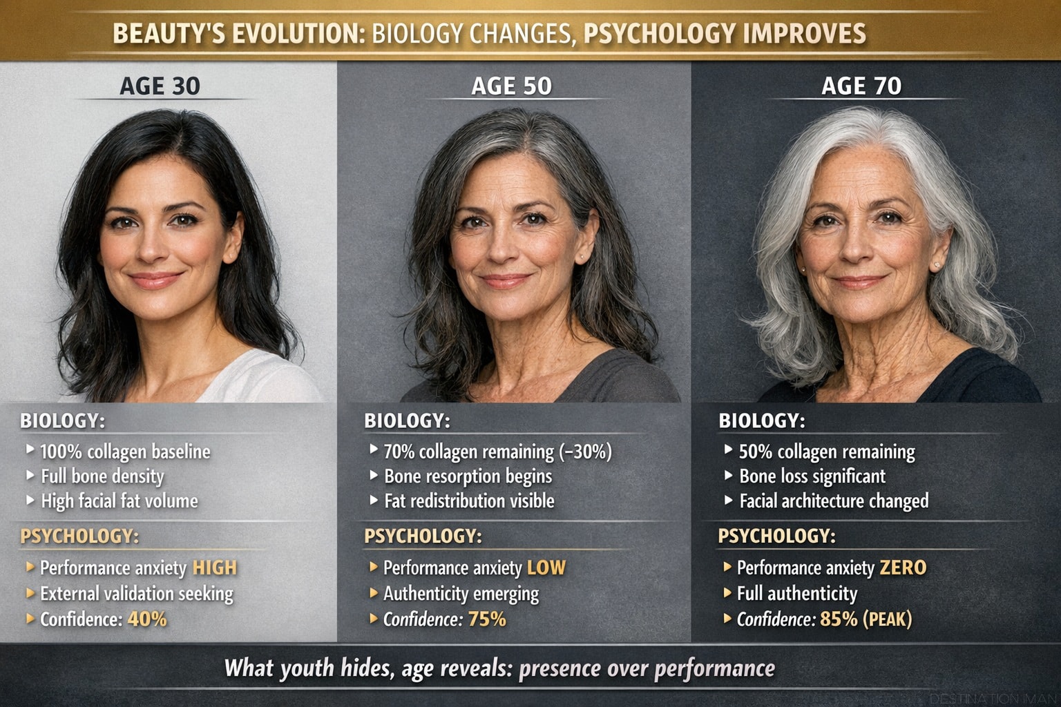 Three-panel evolution showing same woman at ages 30, 50, and 70 with biological aging markers (collagen decline, bone structure changes, gray hair) alongside psychological gains (confidence increase, authenticity, presence)