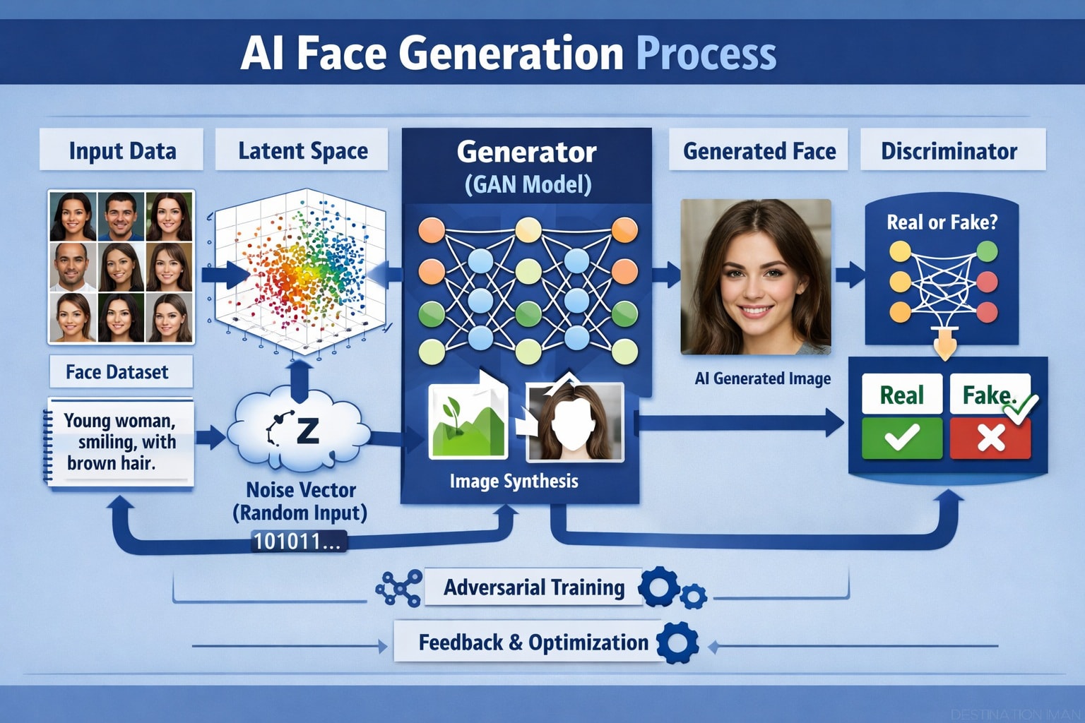 Technical diagram showing AI face generation process using GAN model: input dataset, latent space encoding, generator network, discriminator validation, and adversarial training feedback loop