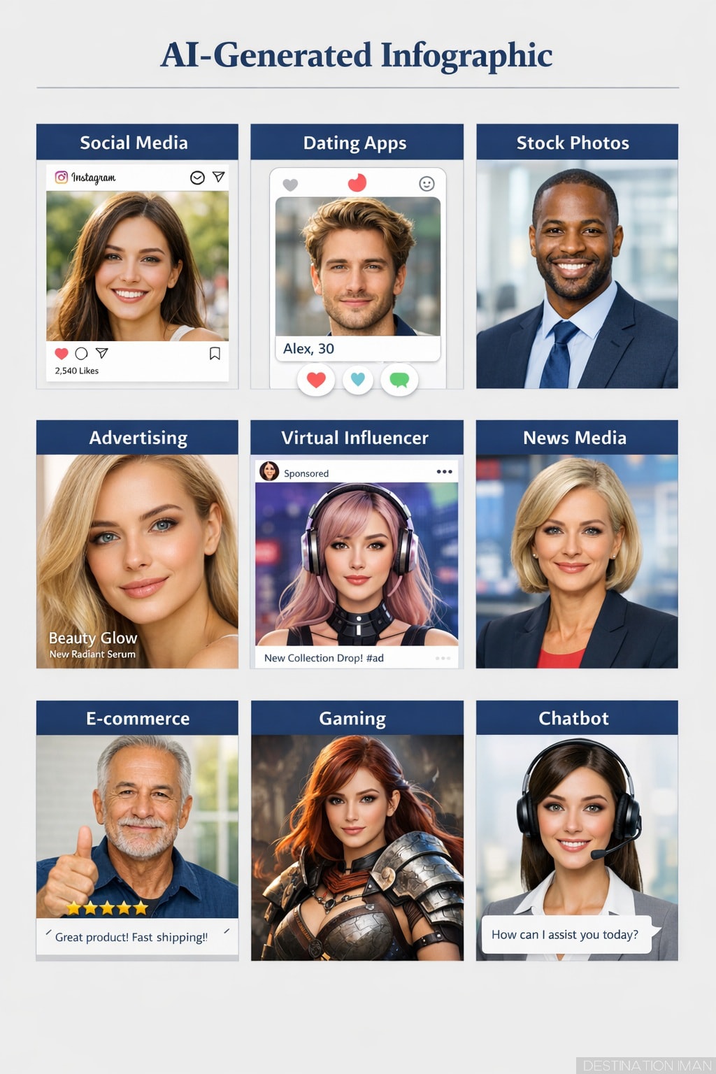 Infographic grid showing nine examples of AI-generated synthetic faces in different digital contexts: social media posts, dating app profiles, stock photography, advertising, virtual influencers, news media, e-commerce reviews, gaming characters, and chatbot assistants
