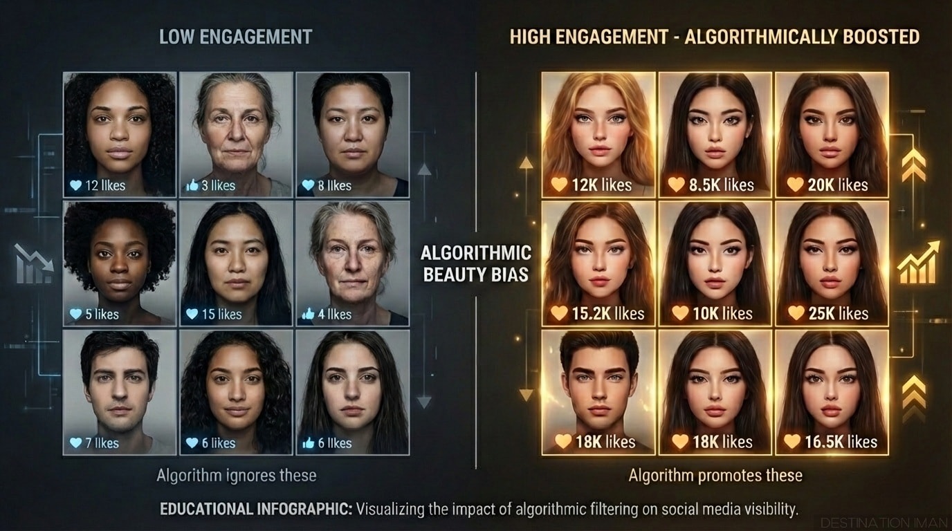 Split visualization showing left side with diverse unfiltered faces with low engagement metrics, right side with homogenized AI-filtered faces showing high engagement and algorithmic boost arrows, demonstrating how algorithms select and amplify specific aesthetics