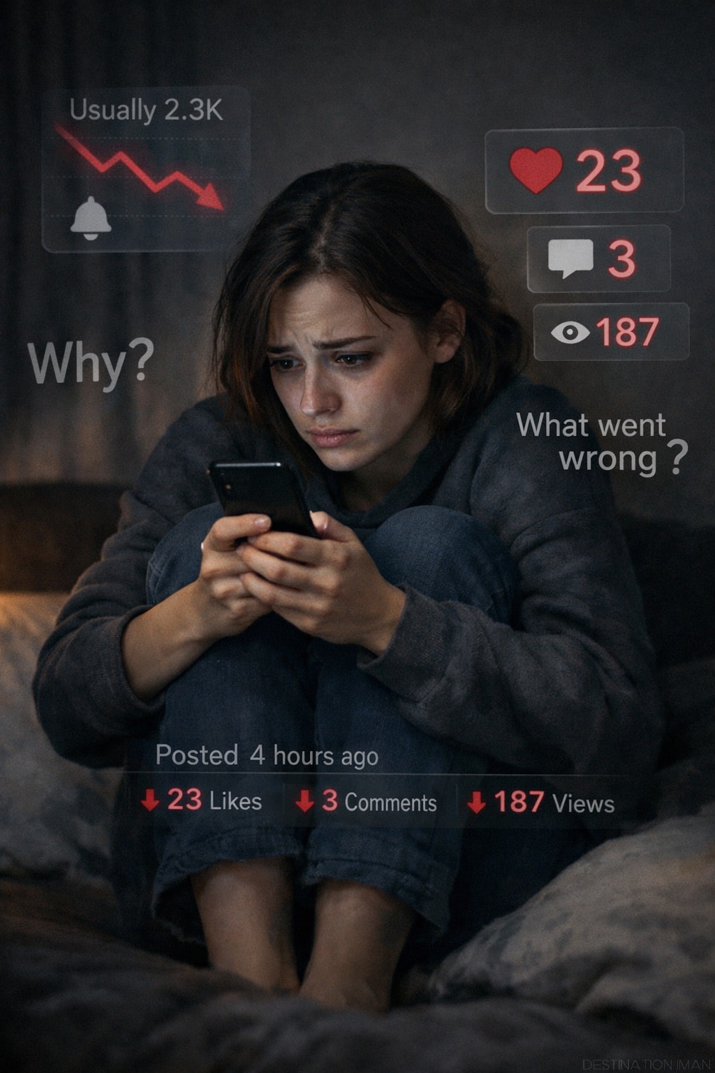 Woman sitting alone in dim room experiencing visible anxiety while checking phone showing low social media engagement: 23 likes, 3 comments, 187 views posted 4 hours ago, with floating text 'Why?' and 'What went wrong?' and declining graph from usual 2.3K