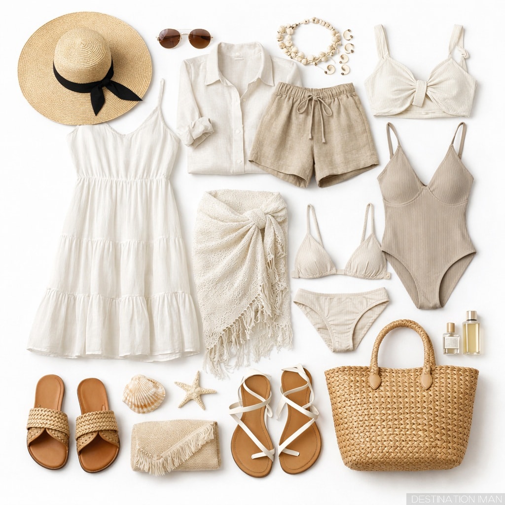 Beach resort travel wardrobe showing casual dresses, linen pieces, swimwear, and lightweight layers in neutral colors
