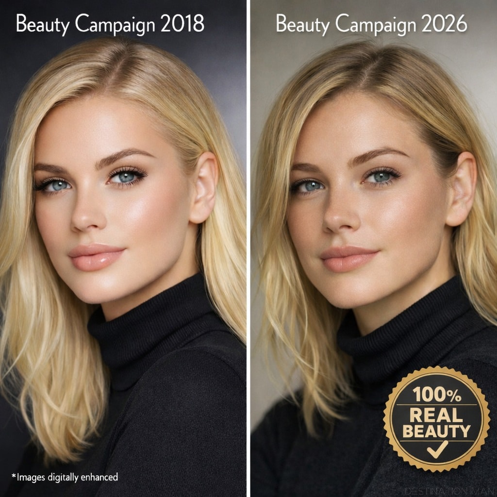 Evolution of beauty advertising standards: 2018 campaign showing digitally enhanced flawless skin with small disclaimer versus 2026 campaign proudly displaying natural texture with 100% Real Beauty certification badge