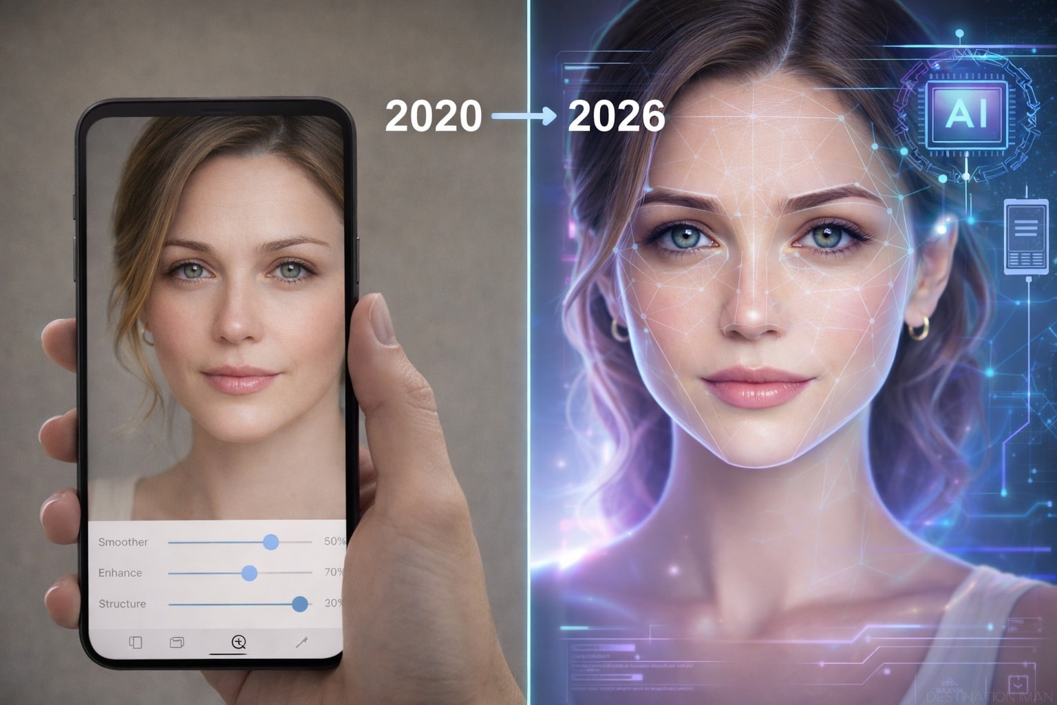 Evolution of beauty filters from 2020 to 2026 showing progression from simple enhancement to AI-powered facial reconstruction