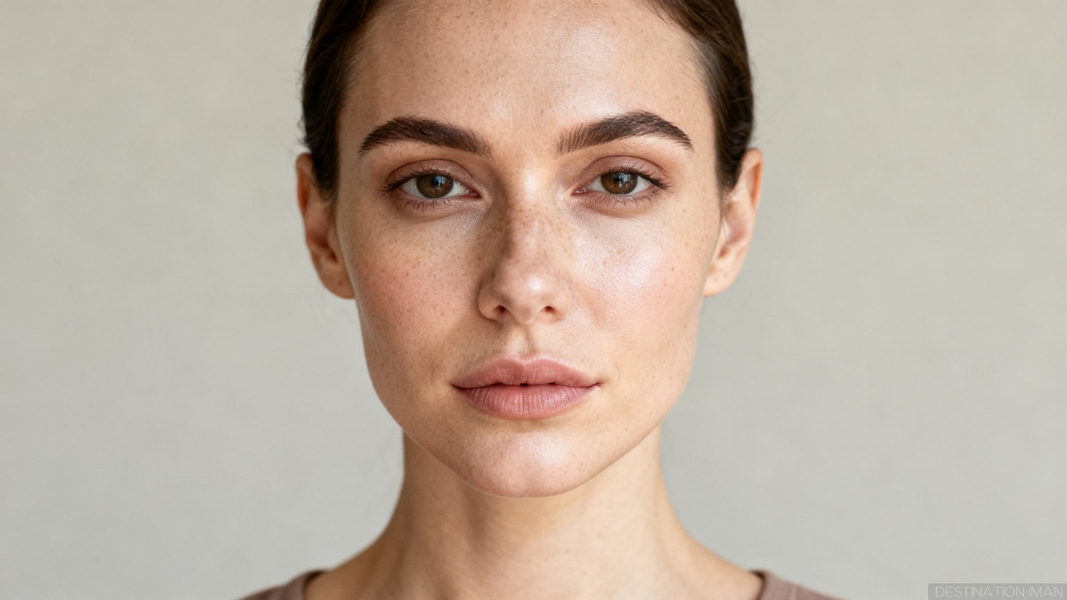 Close-up portrait showing natural skin texture, subtle uneven tone, and minimal makeup as commonly revealed by the camera