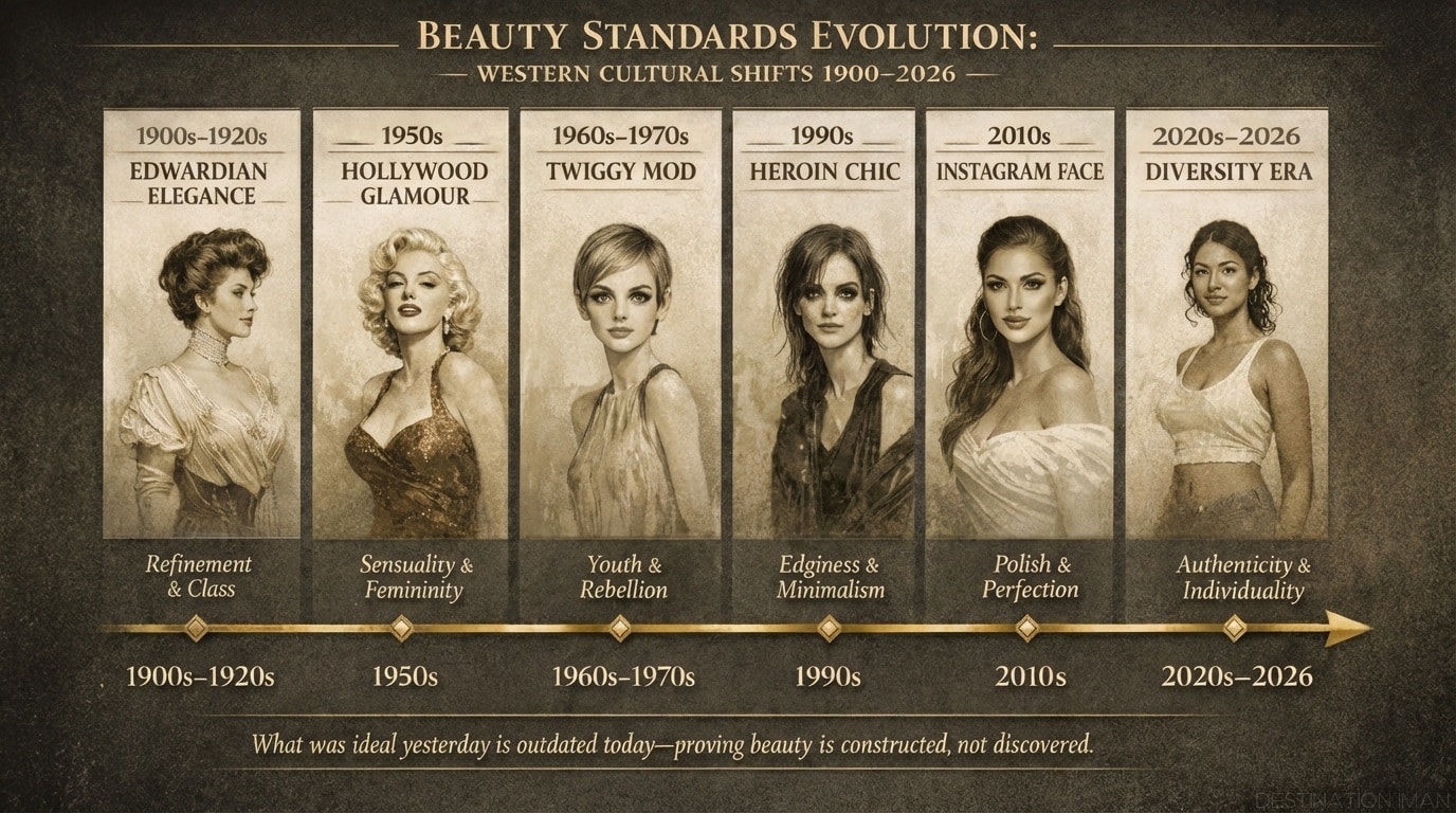 Historical timeline from 1900s to 2026 showing Western beauty standard evolution: Gibson Girl hourglass, 1950s Hollywood glamour, 1960s Twiggy mod, 1990s heroin chic, 2010s Instagram face, 2020s diversity movement