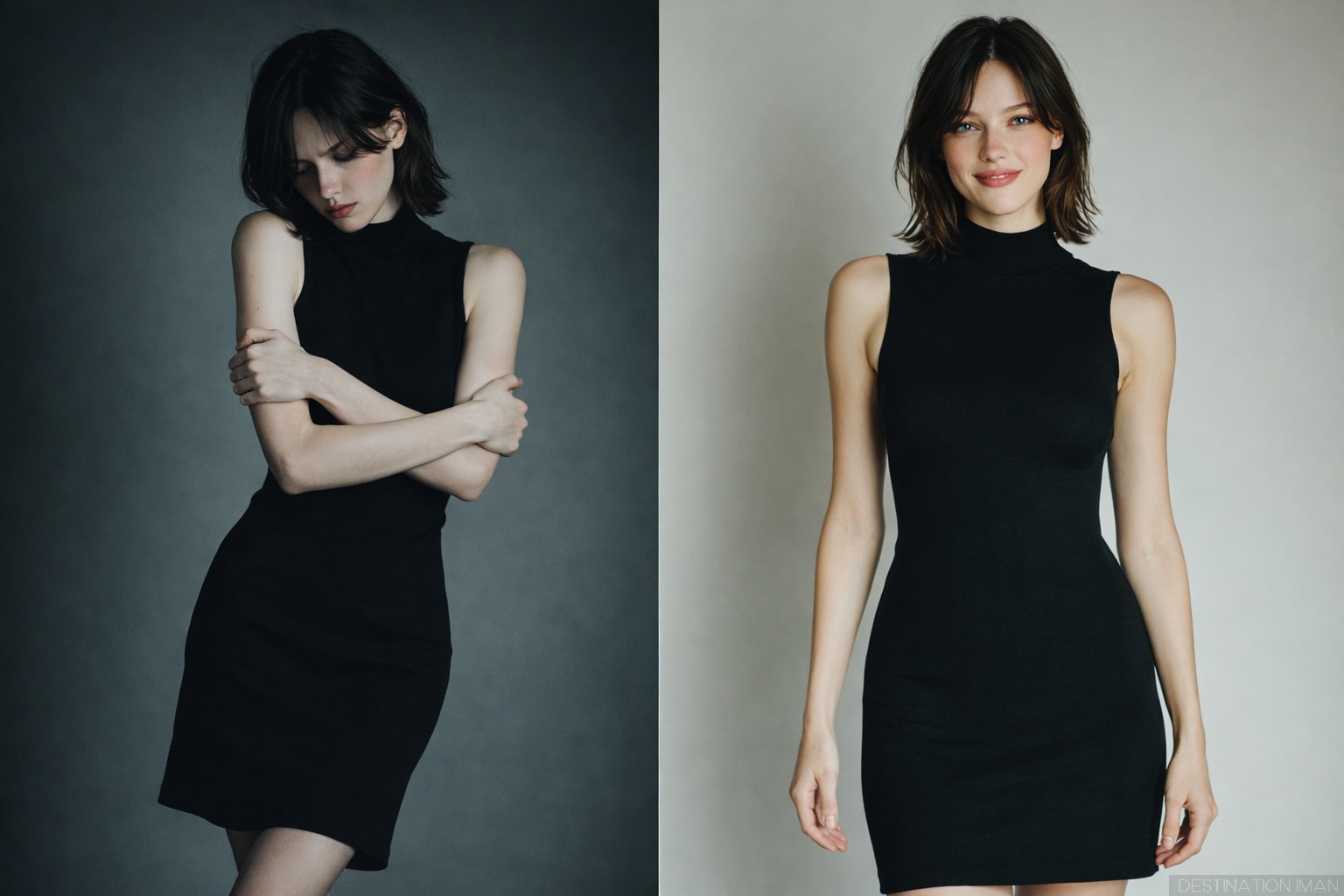 Comparison showing same woman with closed defensive body language - arms crossed, shoulders hunched, turned away - versus open confident body language - arms relaxed, shoulders back, facing forward, demonstrating dramatic attractiveness difference