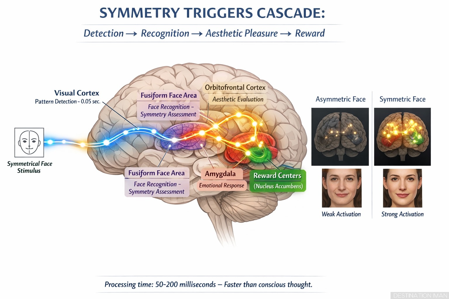 Educational brain diagram showing neural pathways for symmetry processing: visual cortex detecting patterns, fusiform face area assessing symmetry, orbitofrontal cortex evaluating aesthetics, amygdala emotional response, reward centers activation with glowing neural connections