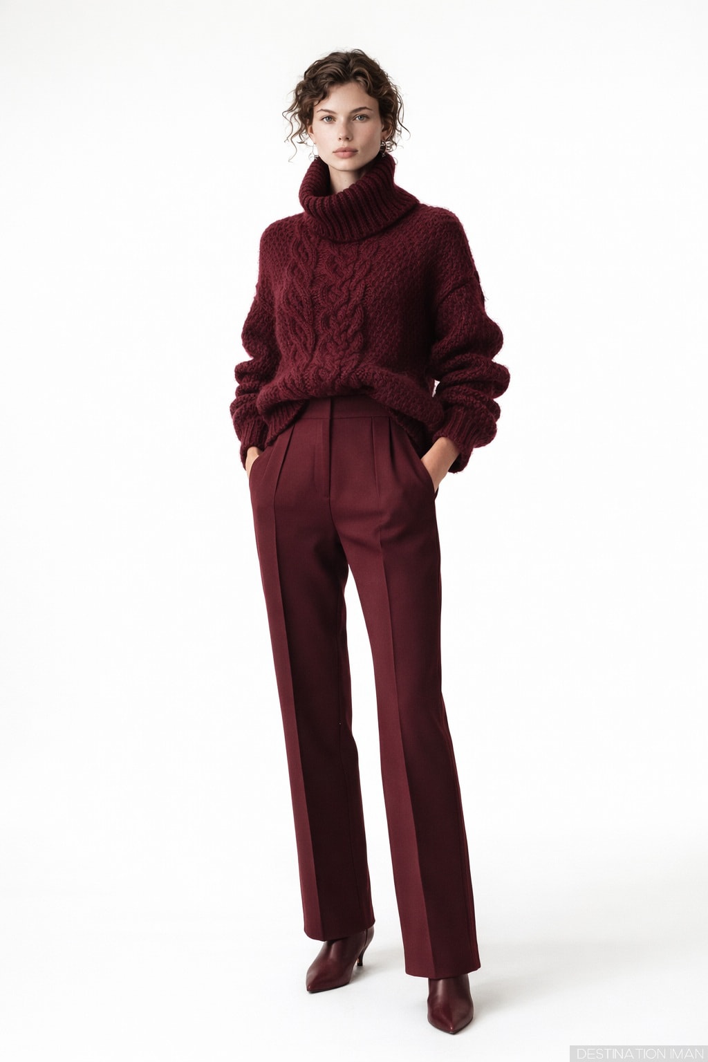 Woman wearing monochrome burgundy outfit - chunky cable-knit turtleneck sweater with tailored burgundy trousers demonstrating texture variation