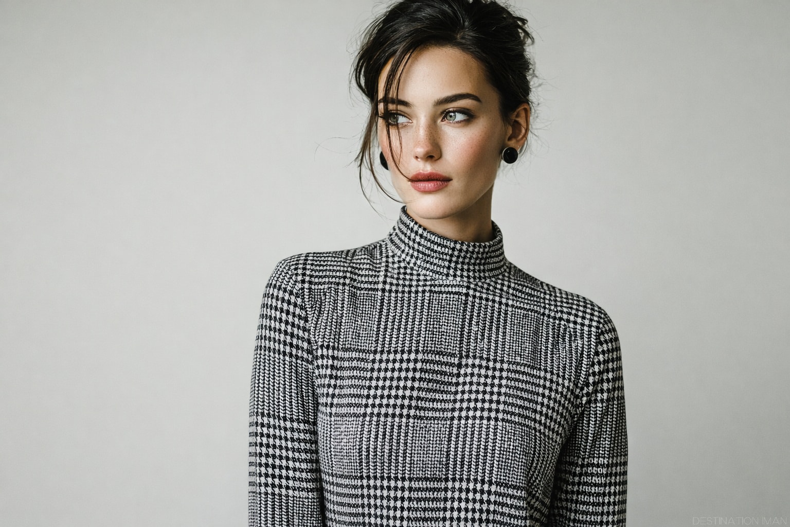 Example of overly busy pattern in photography - houndstooth creates visual noise and distracts from face