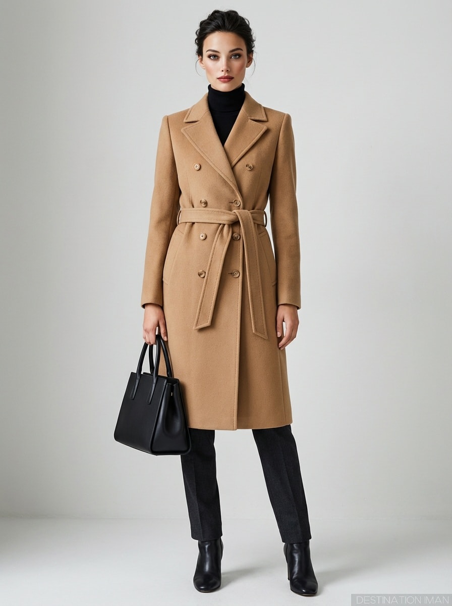 Woman wearing classic camel wool coat demonstrating elegant timeless outerwear styling