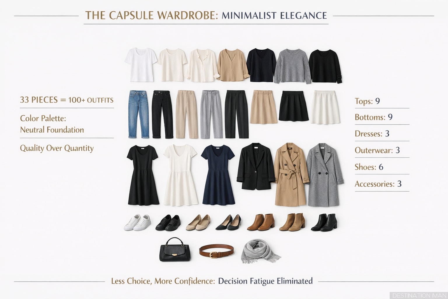 Capsule wardrobe layout showing 33 pieces organized by category: 9 tops, 9 bottoms, 3 dresses, 3 outerwear, 6 shoes, 3 accessories, all in neutral color palette