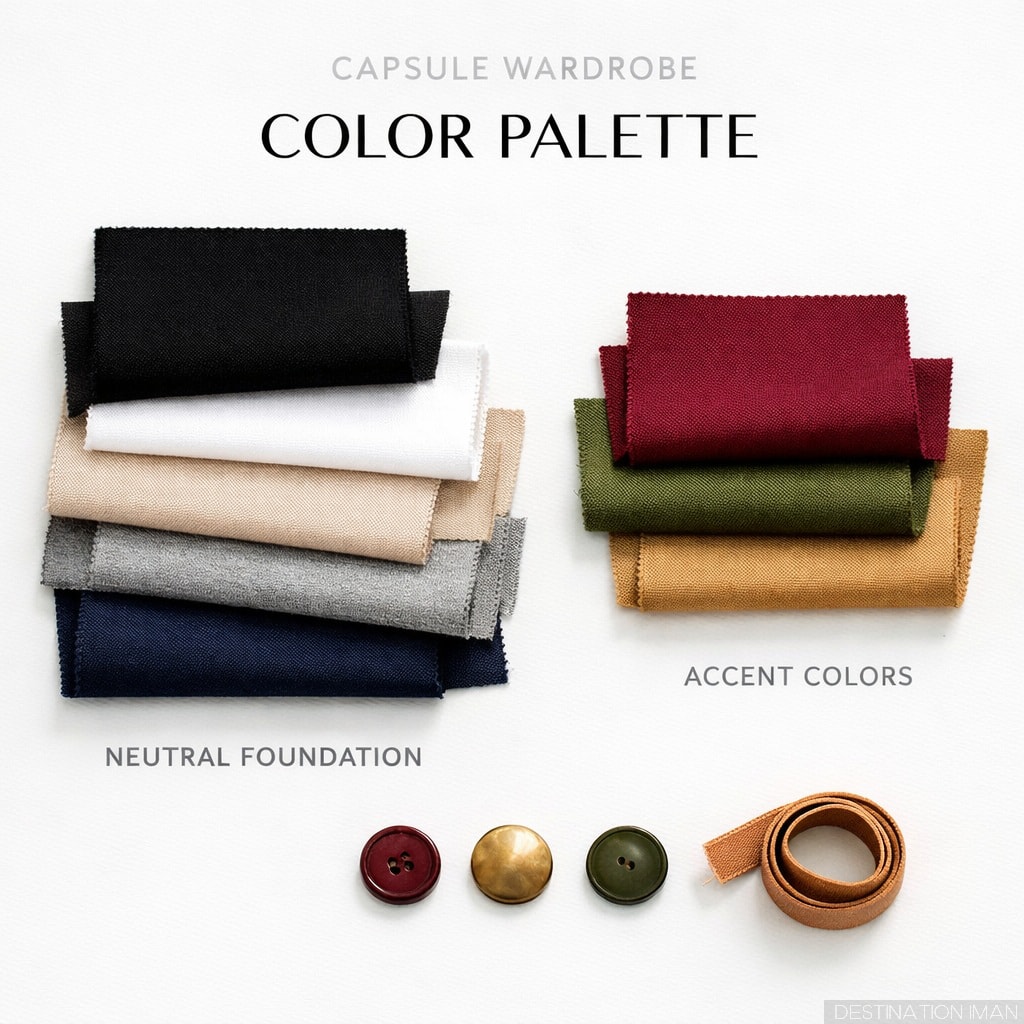 Capsule wardrobe color palette showing neutral foundation colors with complementary accent colors
