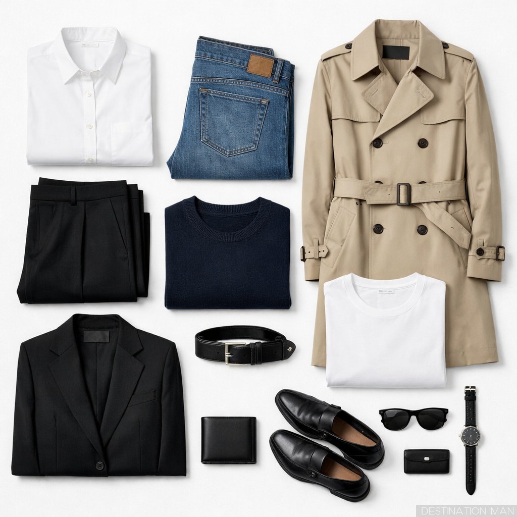 Flat lay of capsule wardrobe essential pieces including white shirt, black trousers, jeans, trench coat, and basic accessories