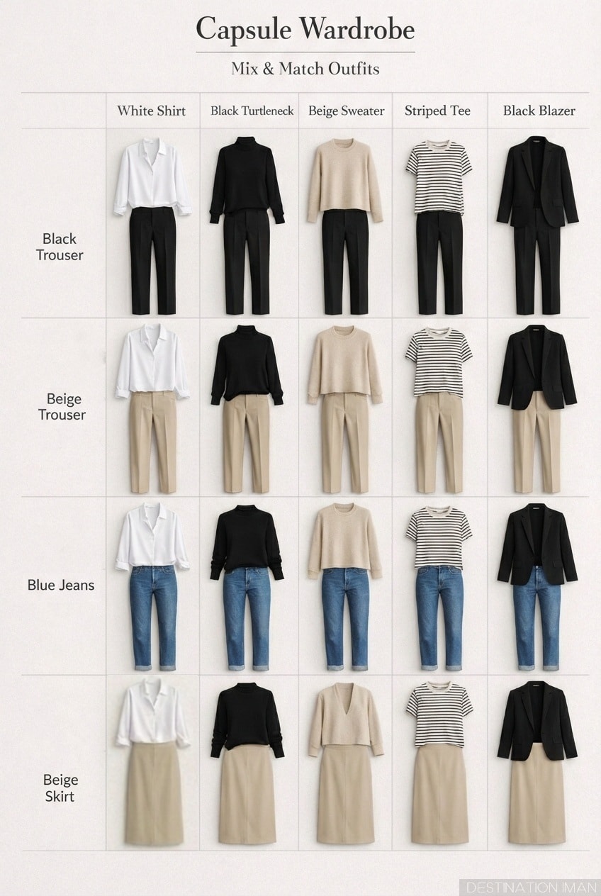 Grid showing how capsule wardrobe pieces mix and match to create multiple outfit combinations