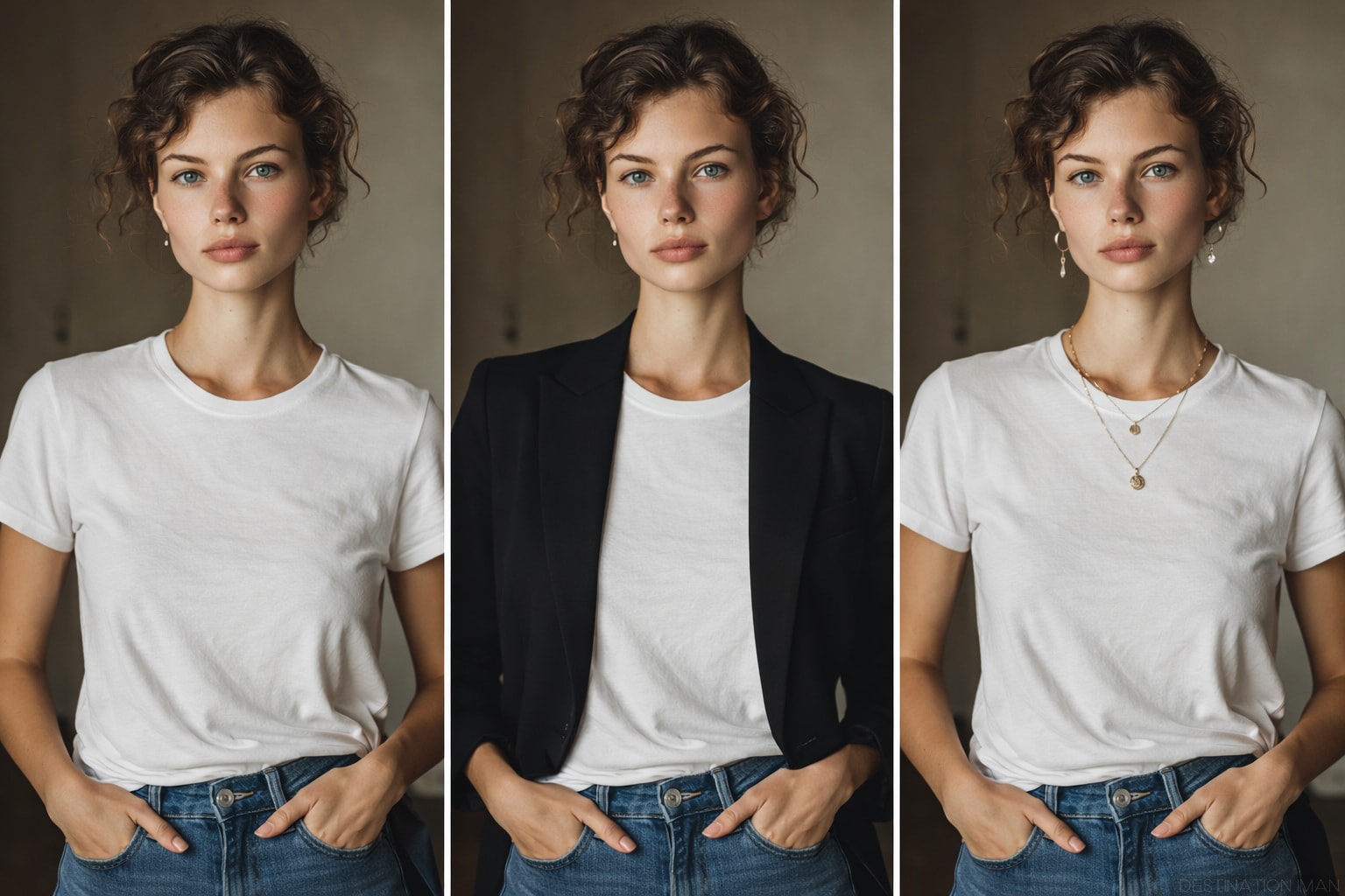 Same casual jeans and tee outfit styled three ways - basic, elevated with blazer, and elevated with layered accessories