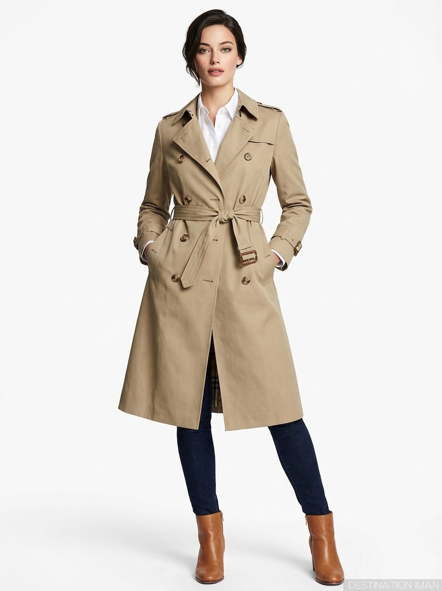 Woman wearing classic khaki trench coat demonstrating timeless styling and proper fit