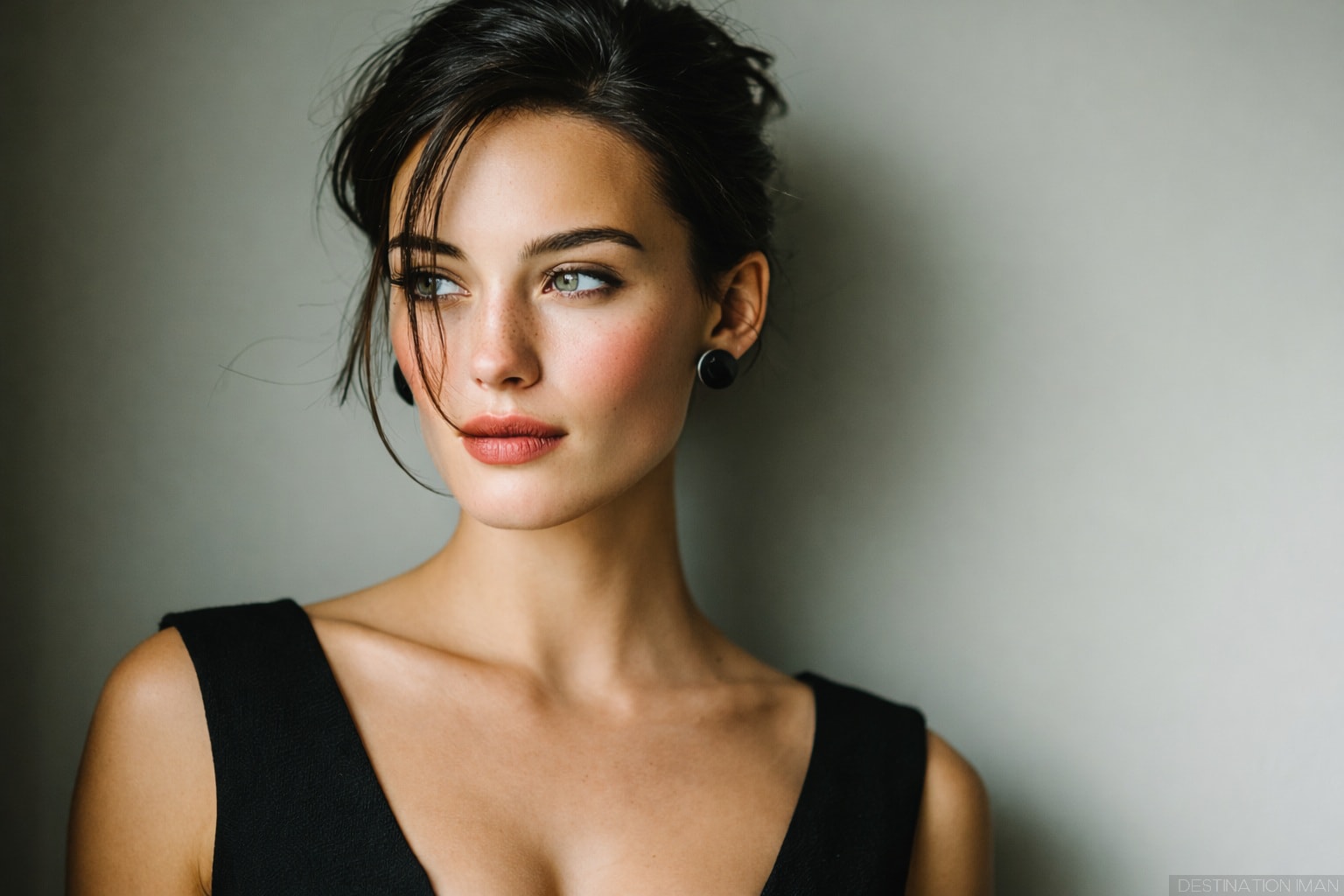 Professional portrait demonstrating ideal photography clothing - solid black V-neck top with flattering fit and timeless style