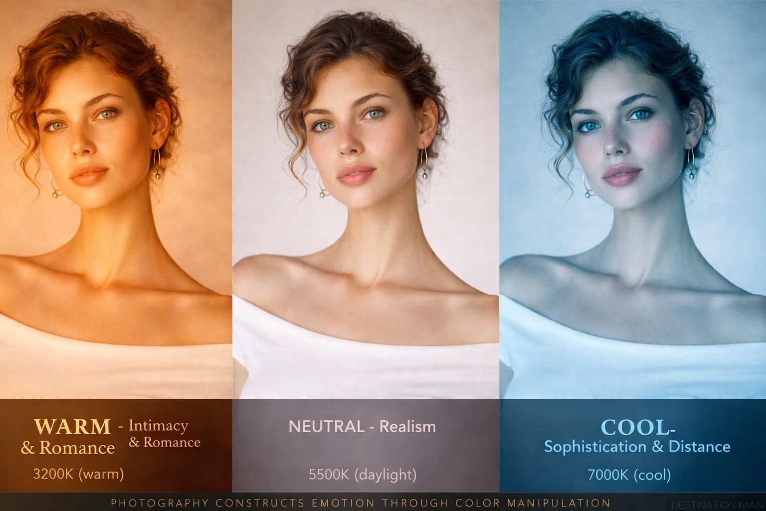 Same portrait with three different color grades: warm golden (intimate/romantic), neutral natural (realistic), cool blue-teal (sophisticated/distant), demonstrating emotional manipulation through color