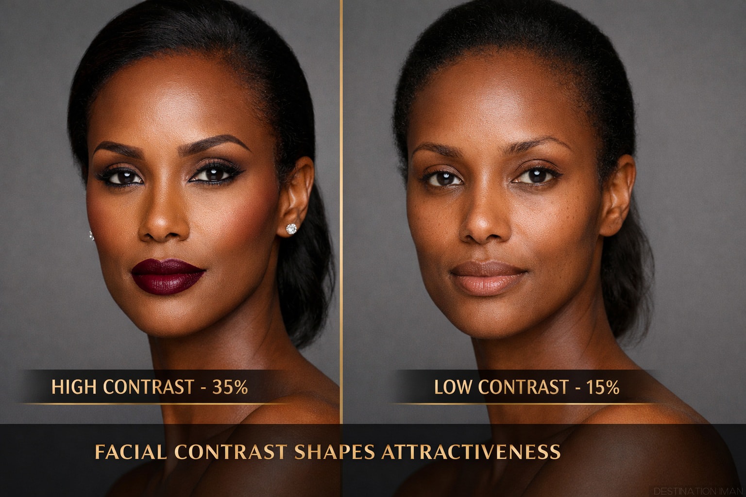 Split-screen portrait demonstrating facial contrast theory: left side shows high-contrast makeup enhancing features, right side shows low-contrast natural look, illustrating how color relationships shape beauty perception