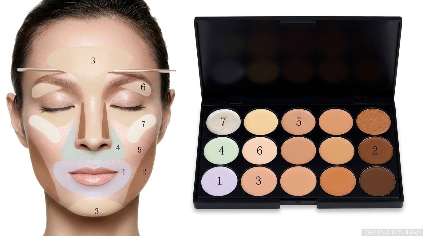 Color wheel makeup demonstration showing complementary color combinations for eyes and face