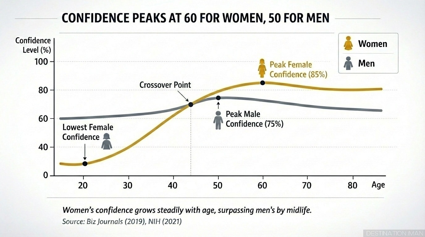 Data visualization graph showing confidence levels across age for women and men, demonstrating women's confidence peaks at 60 (85%) while men's peaks at 50 (75%), with crossover point at age 45