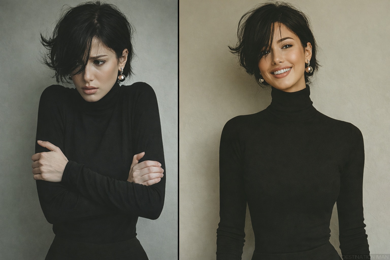 Side-by-side comparison showing same woman with insecure closed posture and tense expression on left versus confident open posture with relaxed features on right, demonstrating how emotional state physically transforms appearance