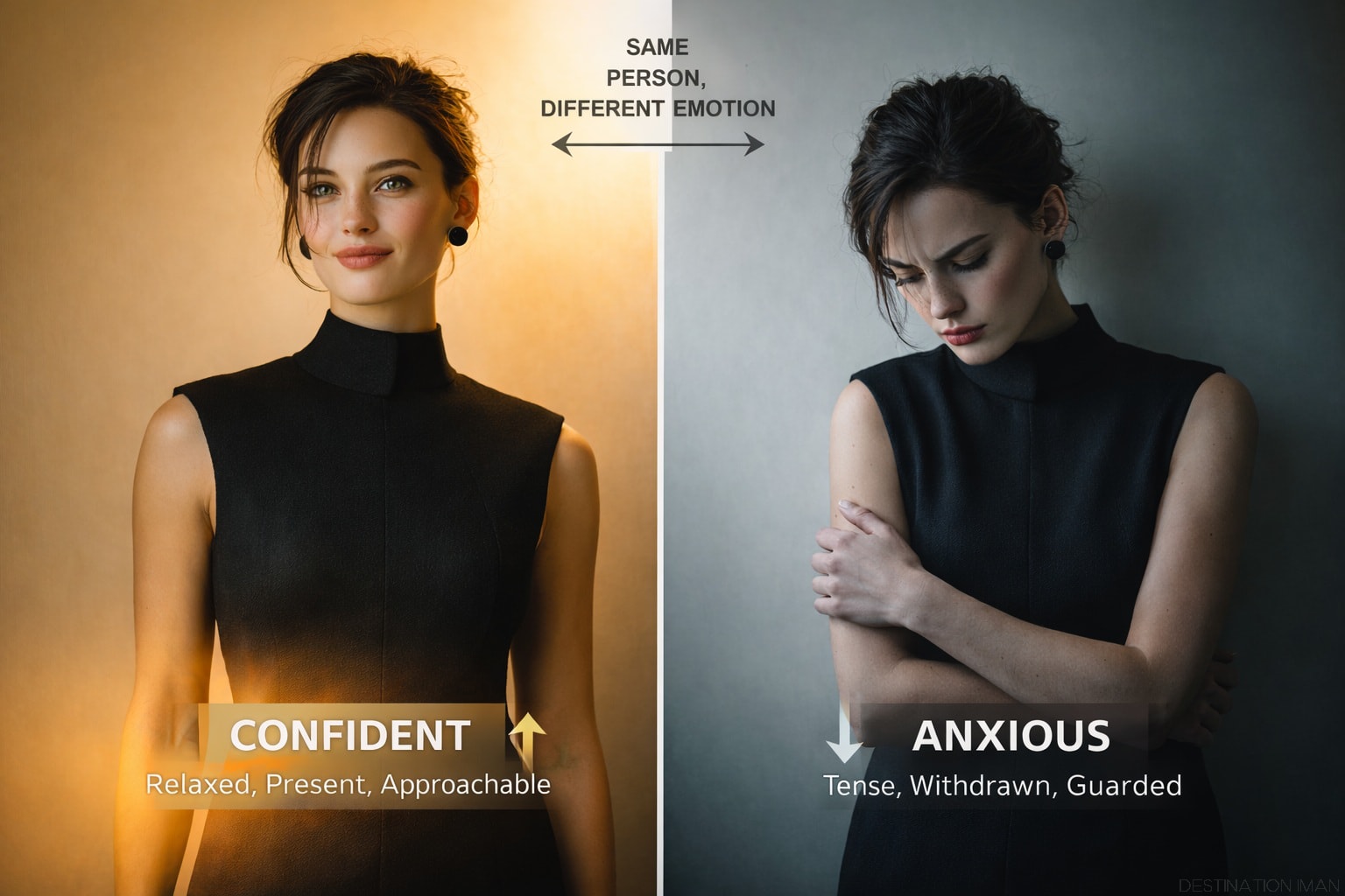 Side-by-side comparison showing the same woman with confident open posture and warm lighting versus anxious closed posture and cool lighting, demonstrating how emotion changes appearance