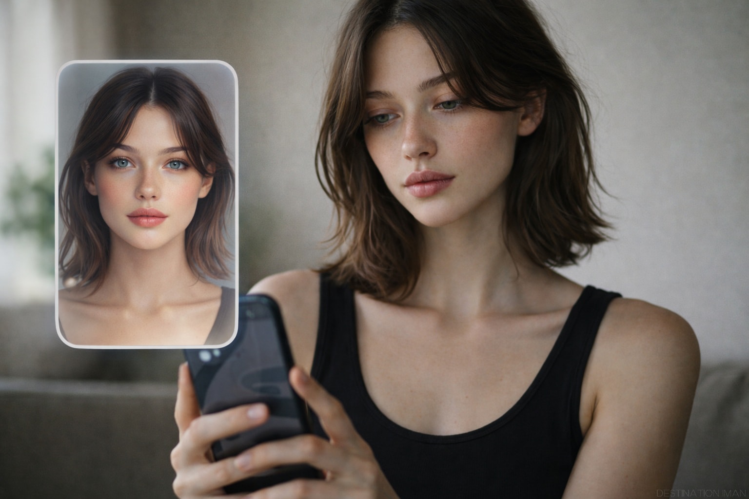 Young woman comparing her real appearance to an idealized digital version on a smartphone screen, illustrating constant comparison in digital beauty culture
