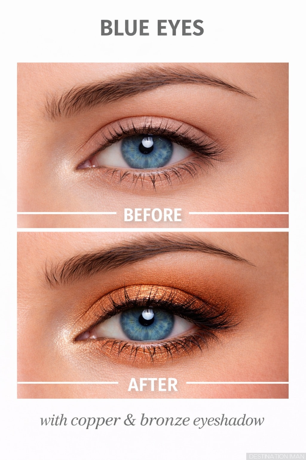 Blue eyes with copper and bronze eyeshadow creating intense turquoise effect