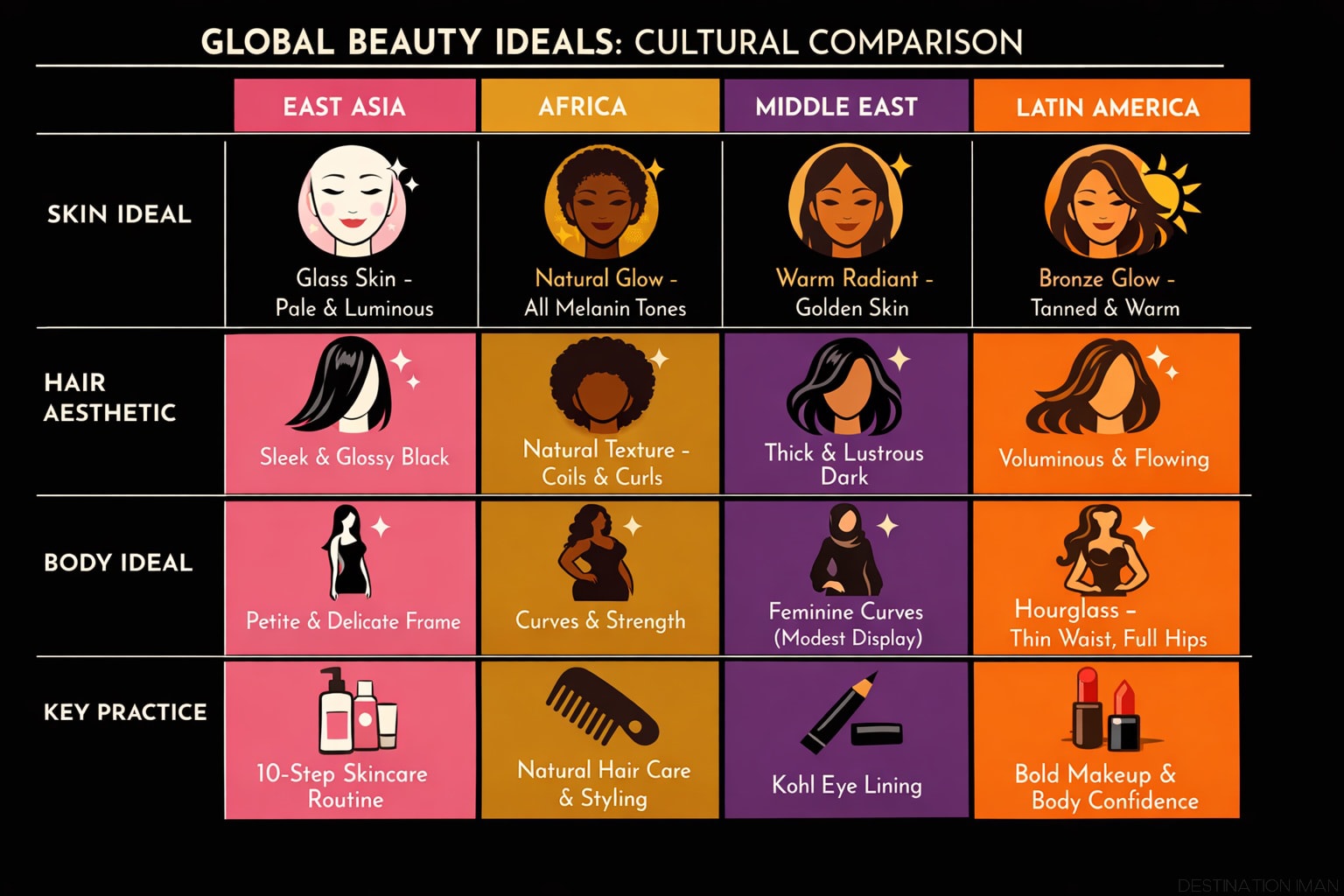 Comparative grid showing beauty ideals across four cultures: East Asia emphasizes glass skin and V-line faces, Africa celebrates natural hair and vitality, Middle East highlights kohl eyes and henna, Latin America values curves and confidence