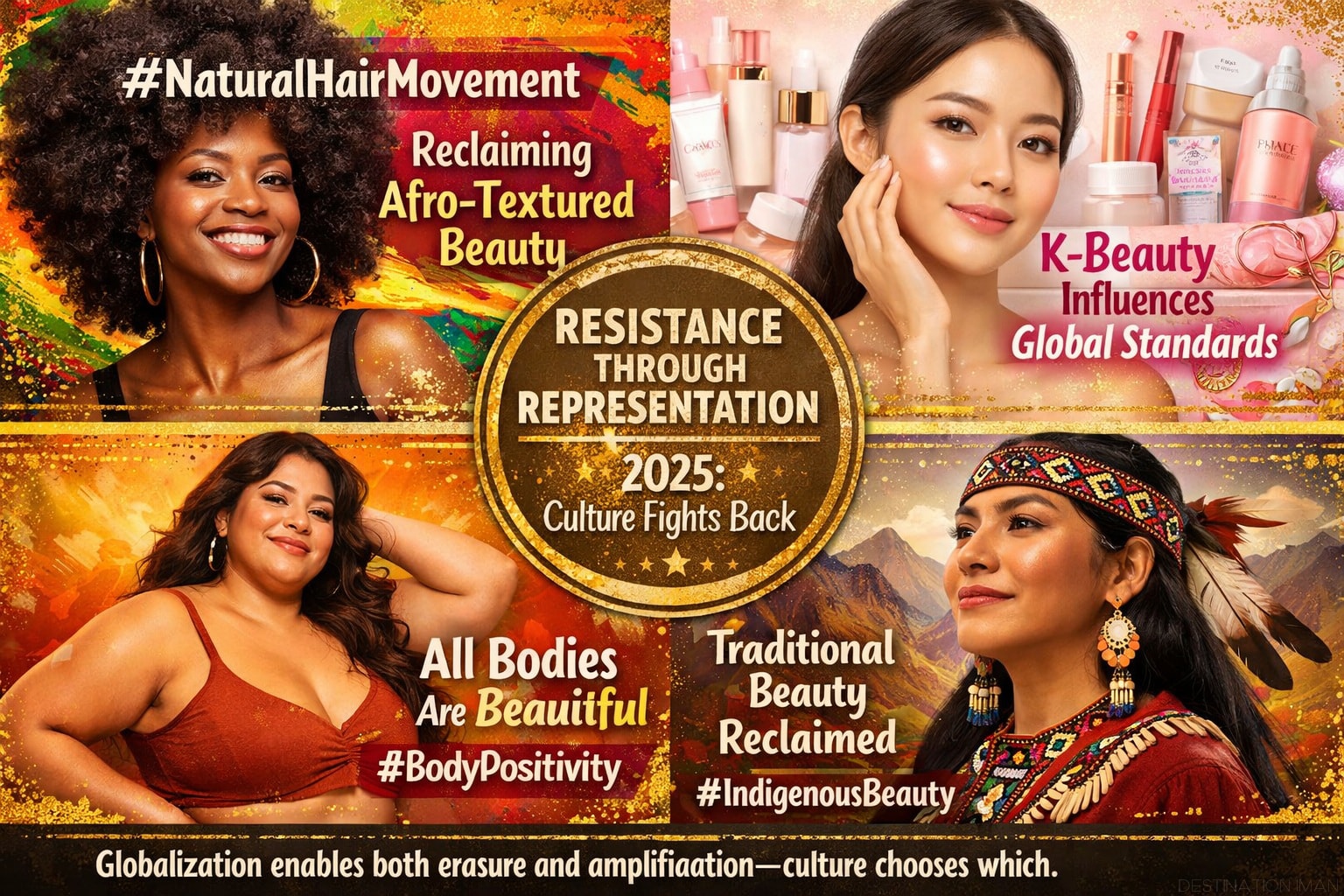Empowering collage showing four cultural resistance movements: natural hair movement (Black woman with afro), K-beauty globalization (Korean skincare), body positivity (plus-size Latina), indigenous visibility (traditional adornment), demonstrating cultural pride in 2025