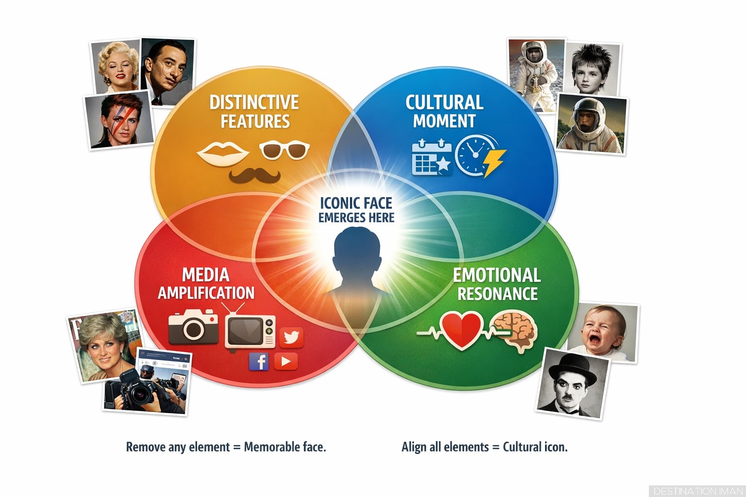 Venn diagram showing intersection of distinctive features, cultural moment, media amplification, and emotional resonance creating perfect conditions for iconic face emergence
