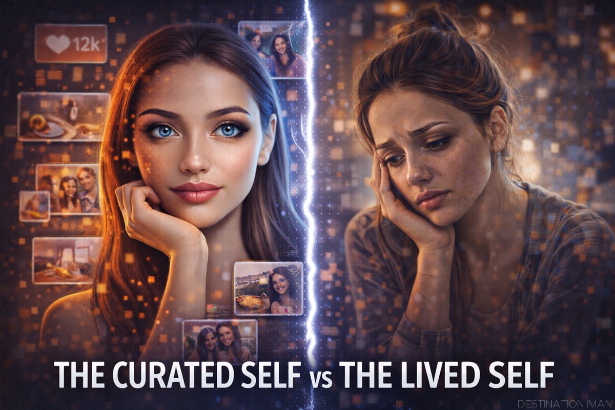 Powerful split-screen comparison showing the same woman as curated self on left (confident, glowing, surrounded by social media posts and engagement) versus lived self on right (vulnerable, tired, alone in private moment) illustrating the psychological gap between public presentation and private reality