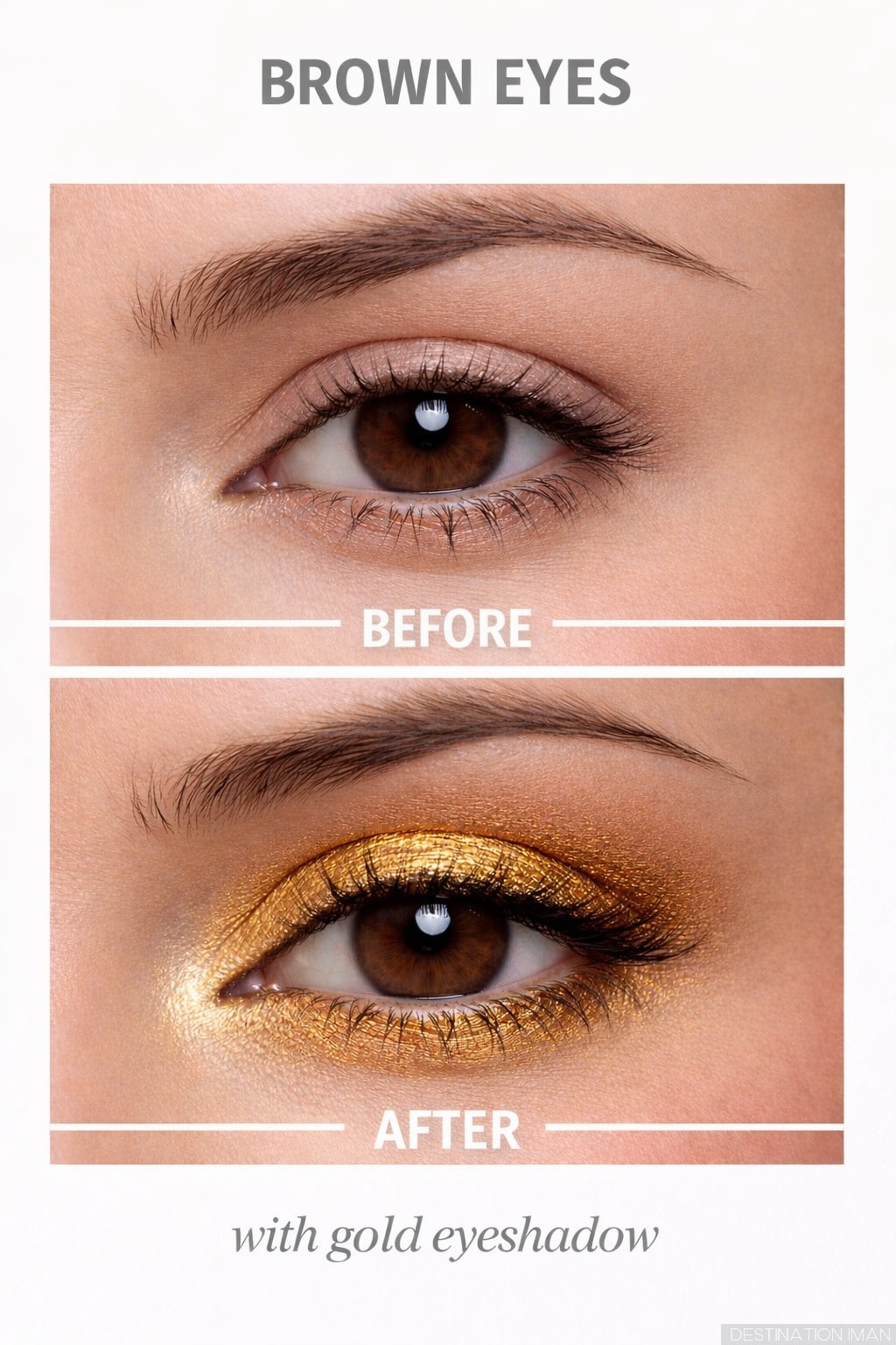 Brown eyes enhanced with beige and gold eyeshadow