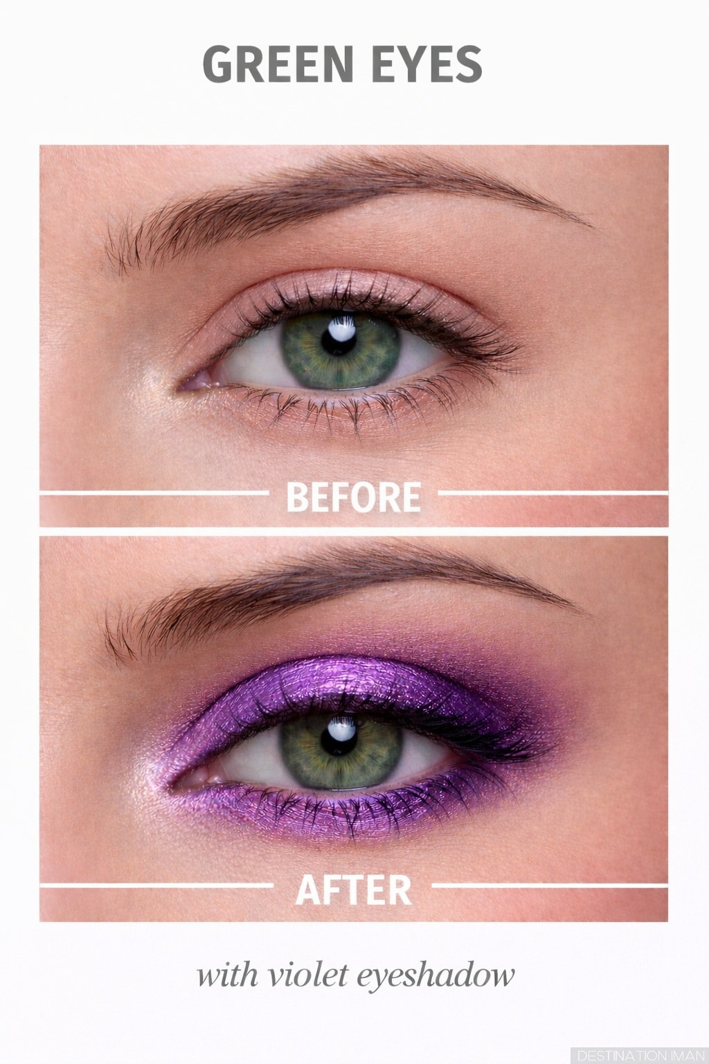 Close-up of green eyes with purple eyeshadow showing color enhancement