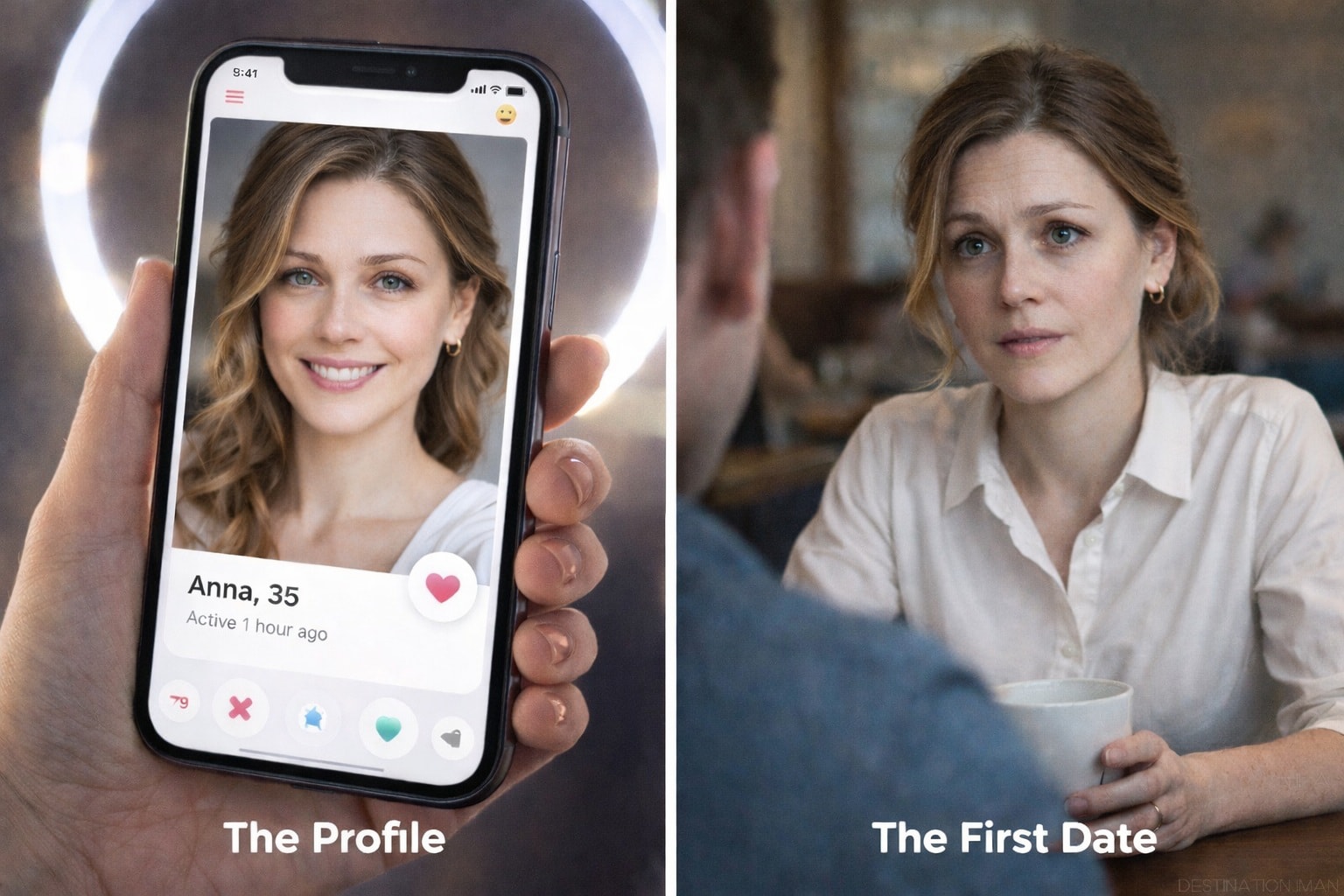 Comparison between optimized dating app profile photo and natural appearance during first in-person date, illustrating the format gap