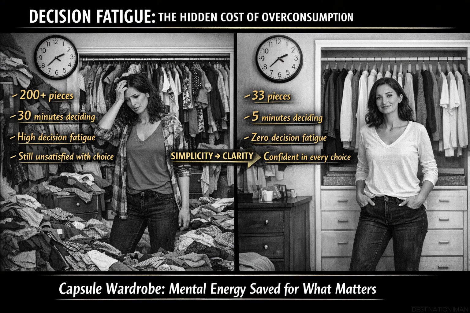 Decision fatigue comparison: overwhelmed woman with 200-piece overflowing closet taking 30 minutes versus calm woman with 33-piece capsule wardrobe taking 5 minutes