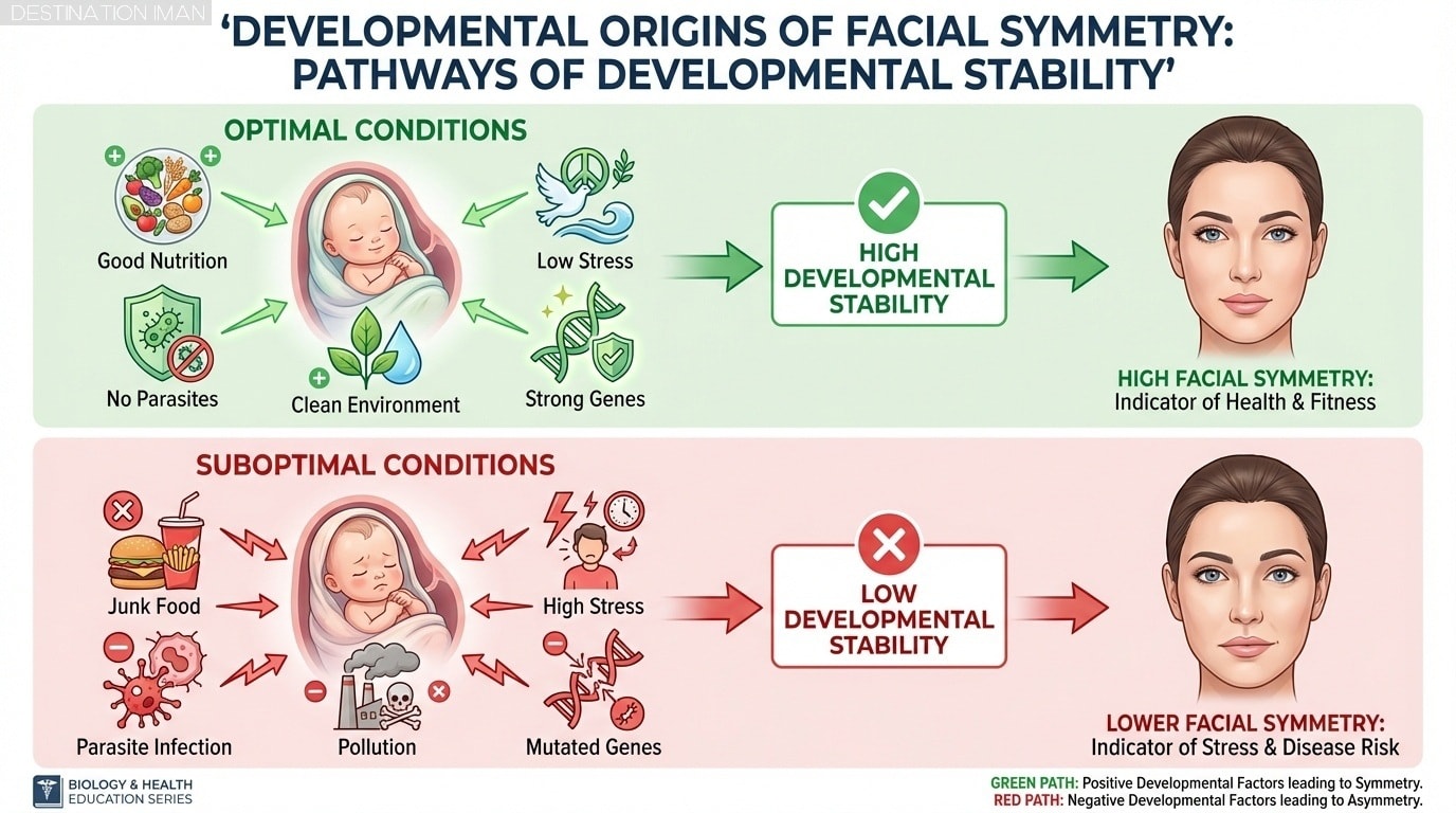 Diagram showing two developmental pathways: optimal conditions leading to high developmental stability and symmetrical features, versus stressful conditions leading to low stability and asymmetric features, with arrows showing stressor impacts