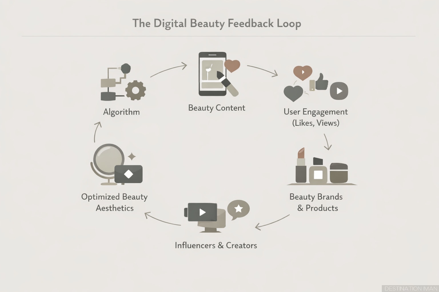 Diagram illustrating the digital beauty feedback loop between algorithms, beauty content, user engagement, brands, influencers, and optimized aesthetics