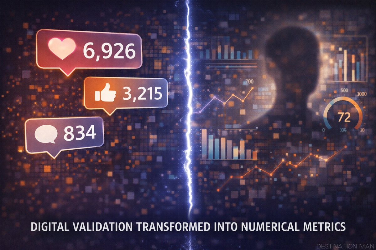 Visual split showing digital validation metrics (hearts, likes, comments with numbers 6926, 3215, 834) on left transforming through lightning bolt into performance analytics (graphs, charts, engagement score 72) on right, with silhouetted person observing the data