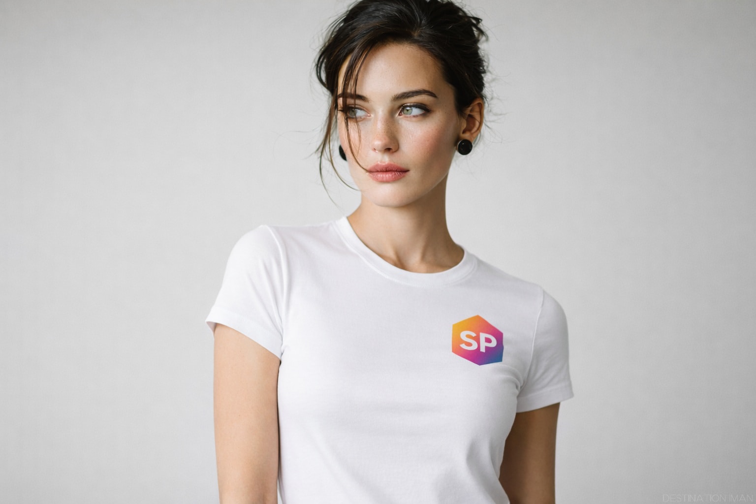 Portrait showing how visible clothing logos and graphic branding distract attention from the face in photography