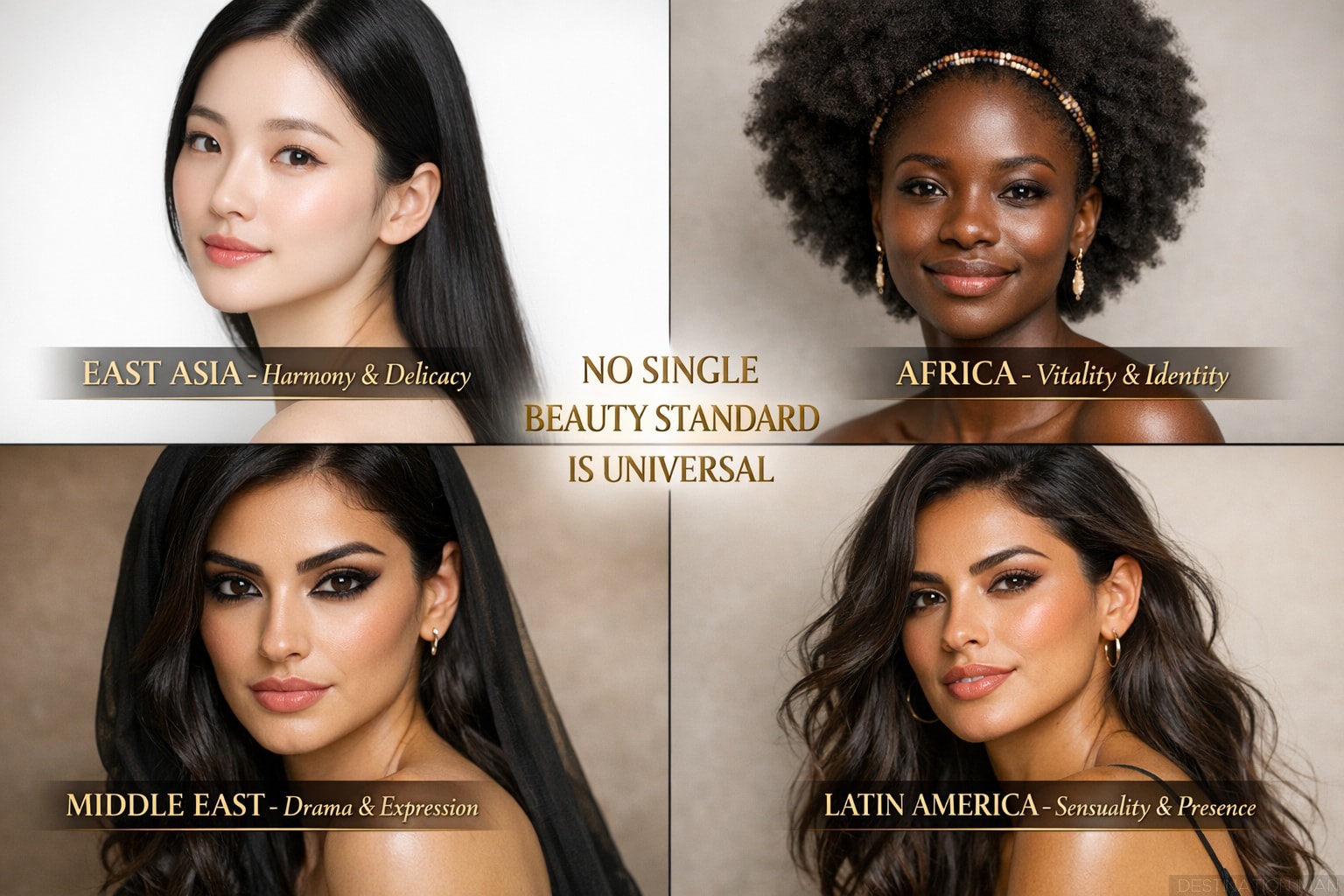 Four-panel grid showing diverse women representing East Asian, African, Middle Eastern, and Latin American beauty traditions with culturally specific styling and adornment