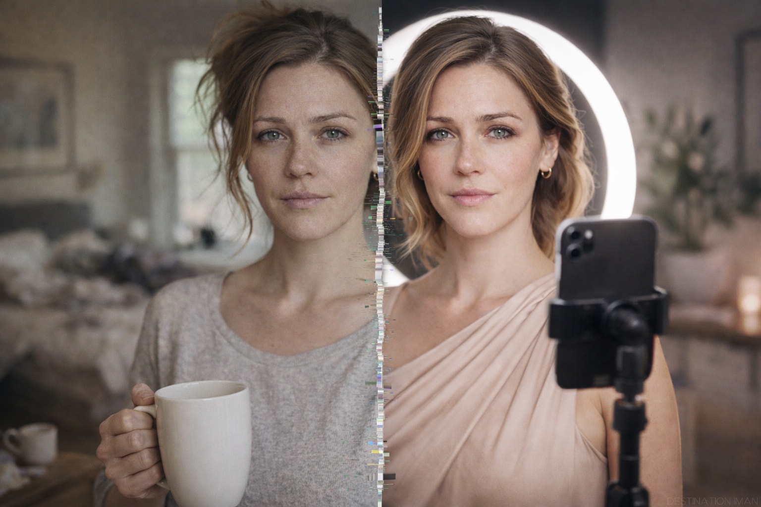 Split-screen comparison showing the same woman living as physical self in casual home setting versus digital self prepared for social media content creation