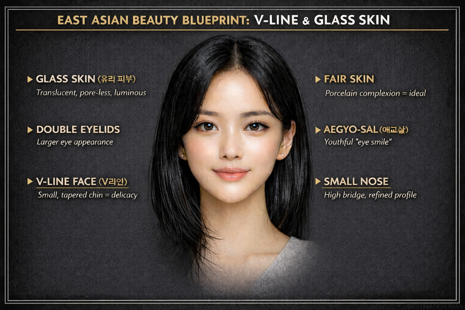 Educational diagram showing Korean beauty standards: V-line face shape, glass skin texture, double eyelids, small nose, aegyo-sal under-eyes, with annotations and measurements