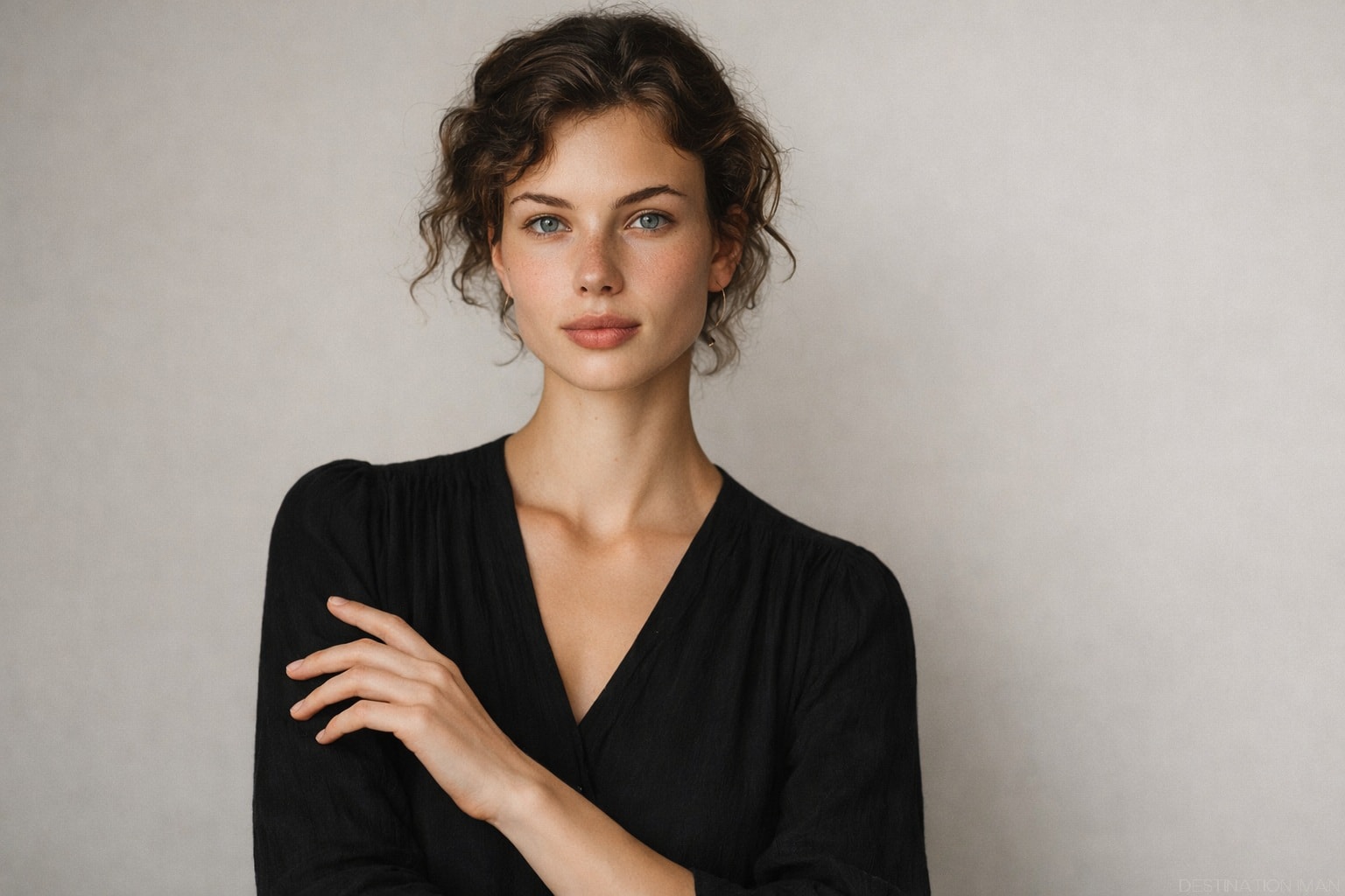 Editorial portrait demonstrating relaxed hand positioning with natural finger shape and calm, balanced posture