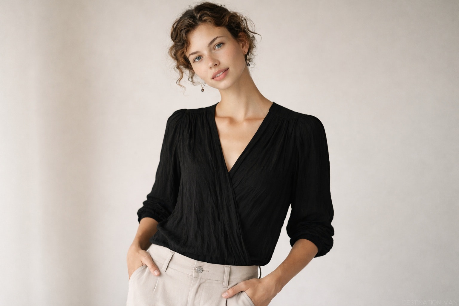 Editorial portrait with hands partially placed in pockets, thumbs visible, relaxed wrists, and natural body posture